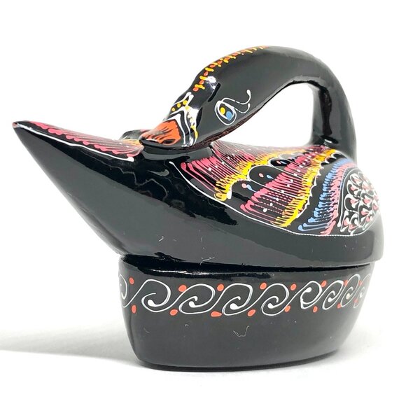 Black Lacquered Wood Trinket Box Black Swan Bird Duck hand painted Thailand - Picture 2 of 14